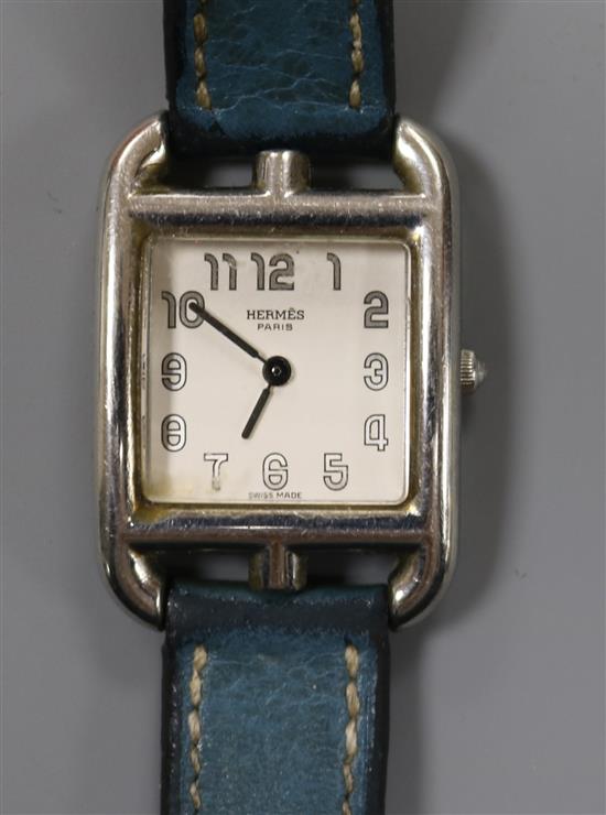 A ladys stainless steel Hermes double wrap manual wind wrist watch with box and bag